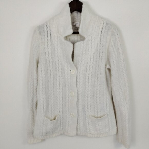 Cardigan Nylon Angora Rabbit Sweater Size L White Button Down Soft By Kenar - Picture 1 of 8